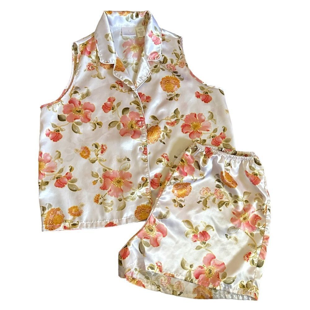 Soft Sensations Orange Cream Floral Satiny Two Piece Nighty Pajama Set